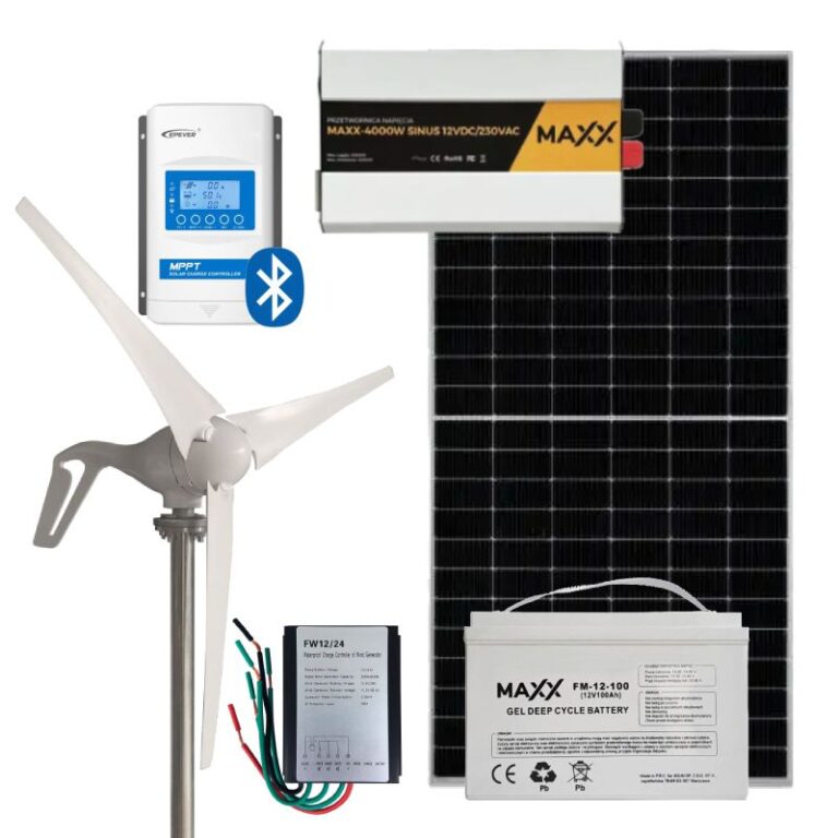 Zestaw hybrydowy wiatrowo-fotowoltaiczny – Turbina 100W + Panel 545W + Kontroler + Akumulator + Przetwornica
